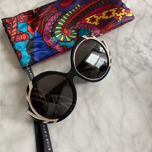 Alice + Olivia Black Round Sunglasses with Gold Crystal Accents